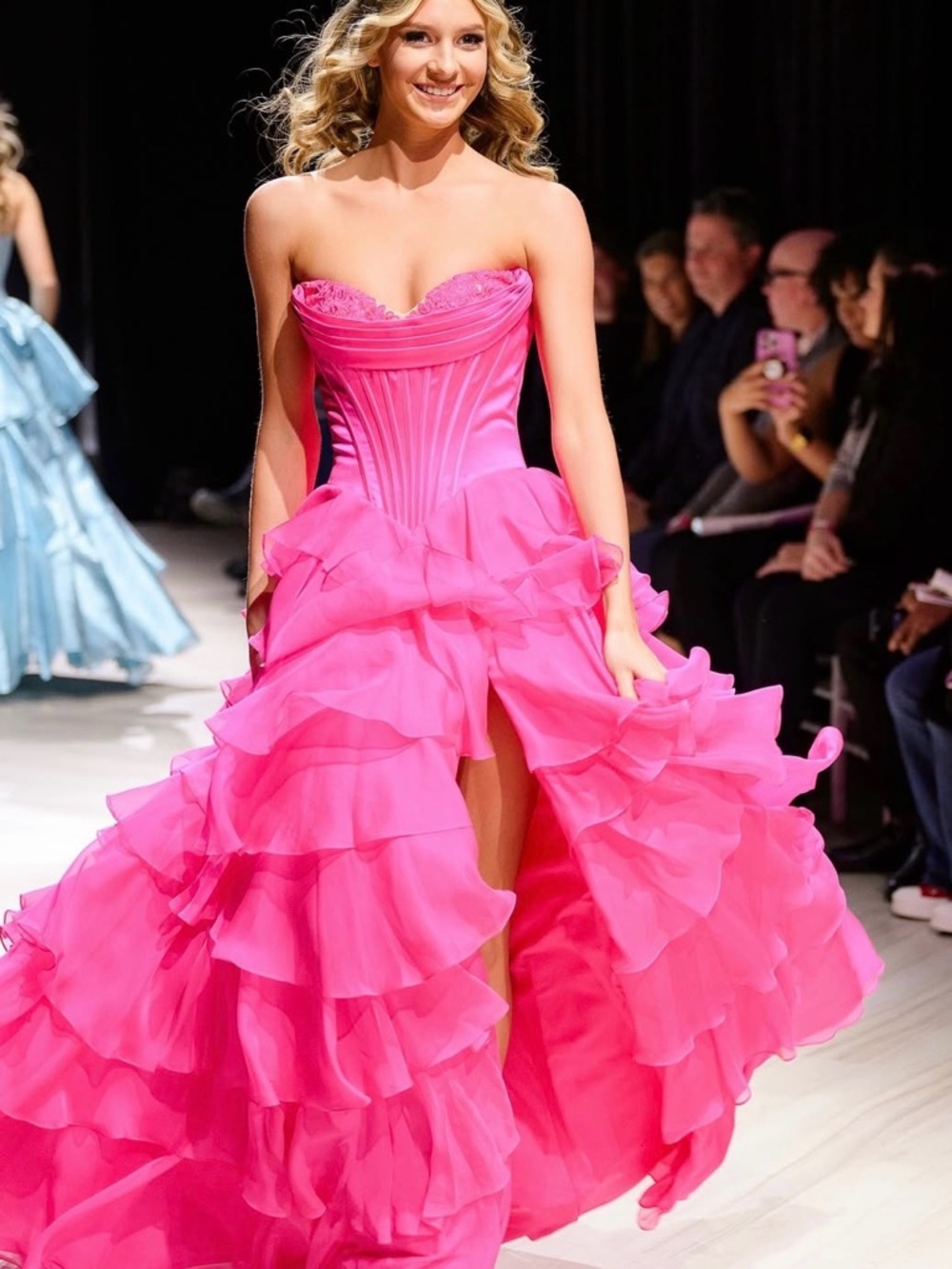 Sherri Hill Vibrant Pink Layered Ruffle Ball Gown - Picture 3 of 4